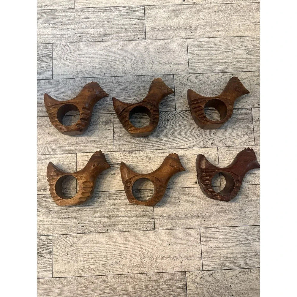 Carved Wood Chicken Napkin Rings Set w/ Holder Stand, Brown, 6 Rings
